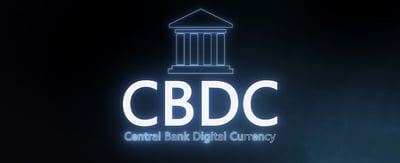 A glowing blue illustration of the entrance to a bank with the words "CBDC" and "Central Bank Digital Currency" below