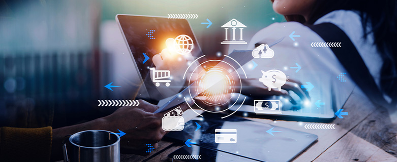 An illustration showing icons associated with the payments industry overlaid with a hand holding a sheet of paper, two different images of laptops, and a person's shoulder overlaid 